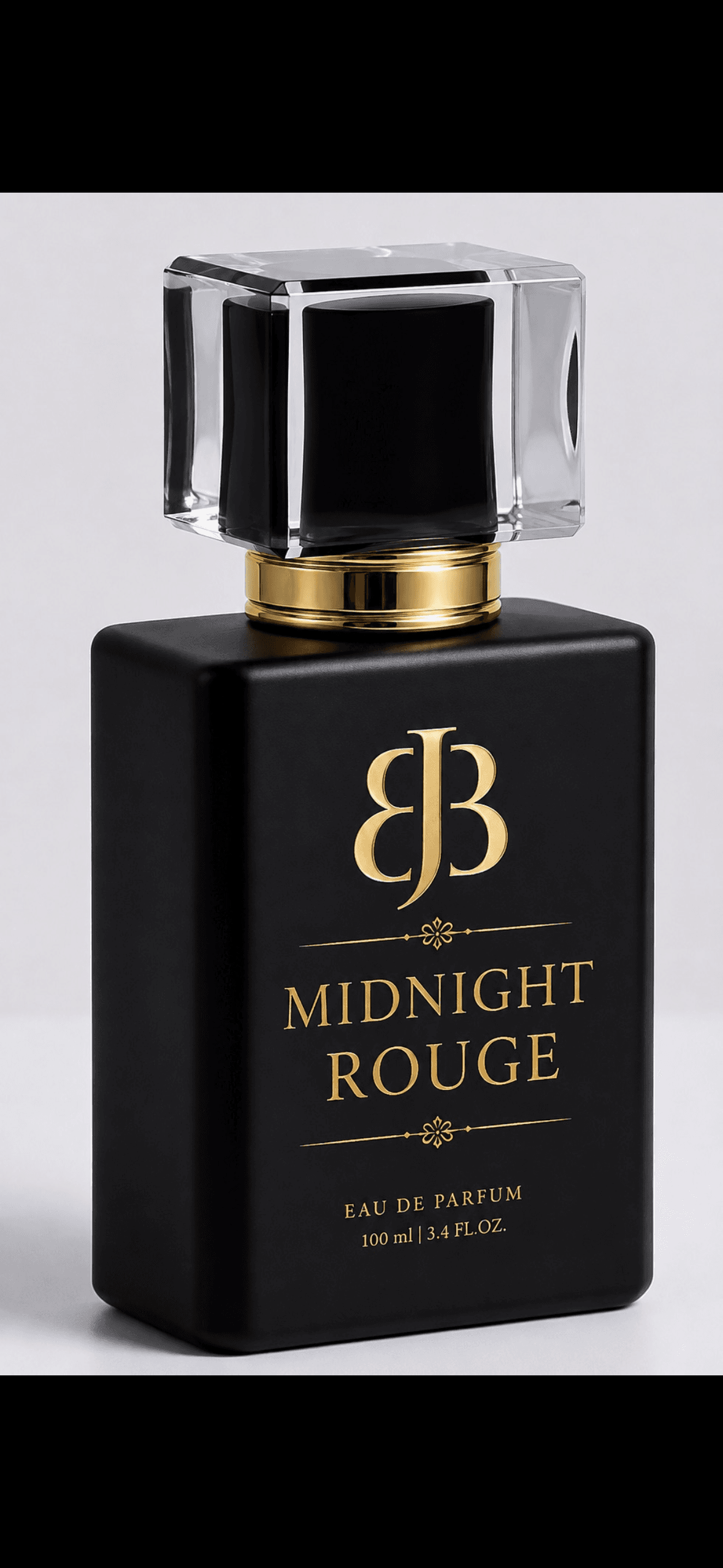 Matte black Midnight Rouge perfume bottle featuring gold lettering and a clear, square acrylic cap.