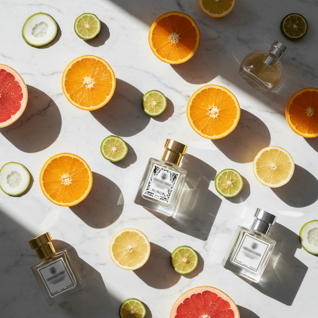 Citrus fruits and bergamot slices arranged with small perfume bottles on white marble