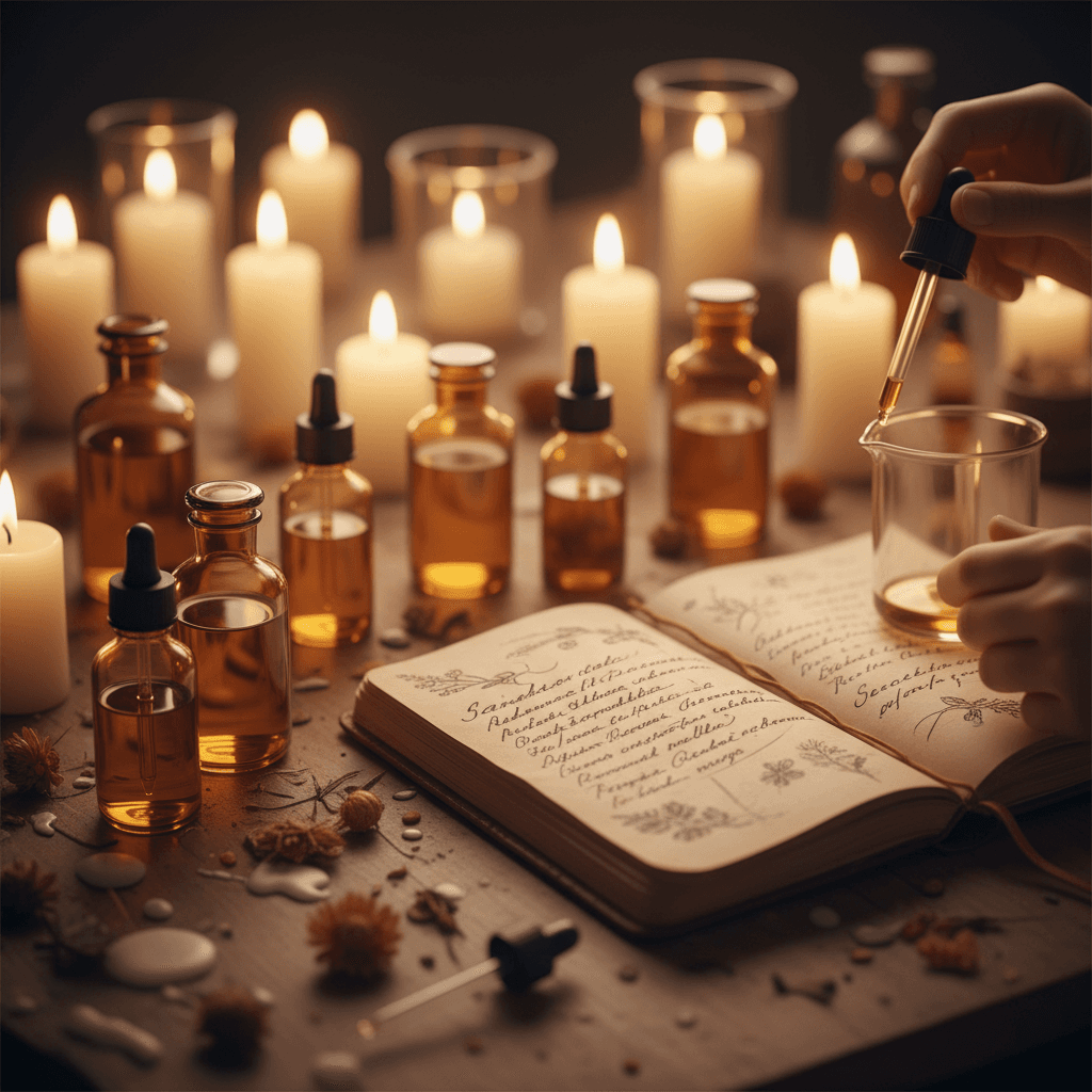 Perfumer's workspace with amber vials and a leather notebook of scent notes