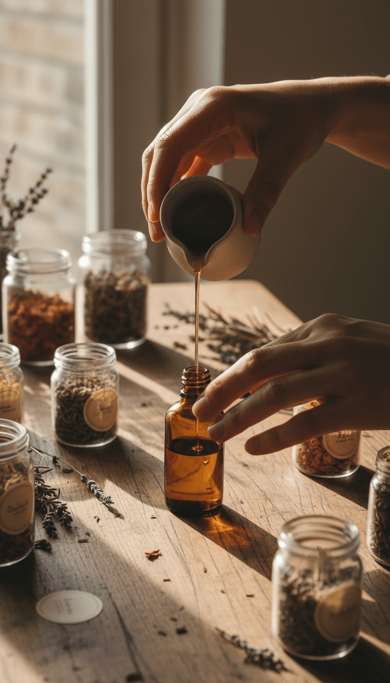 Hands pouring handcrafted fragrance oil into an amber glass bottle