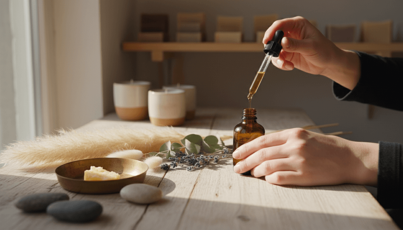 Hands pouring fragrance oil into a small amber bottle on a wooden worktable surrounded by dried botanicals