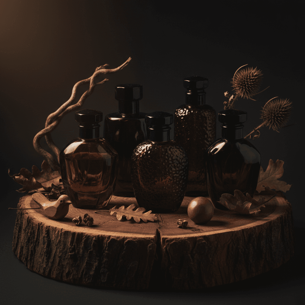 Dark glass perfume bottles on cedar wood with carved wooden details
