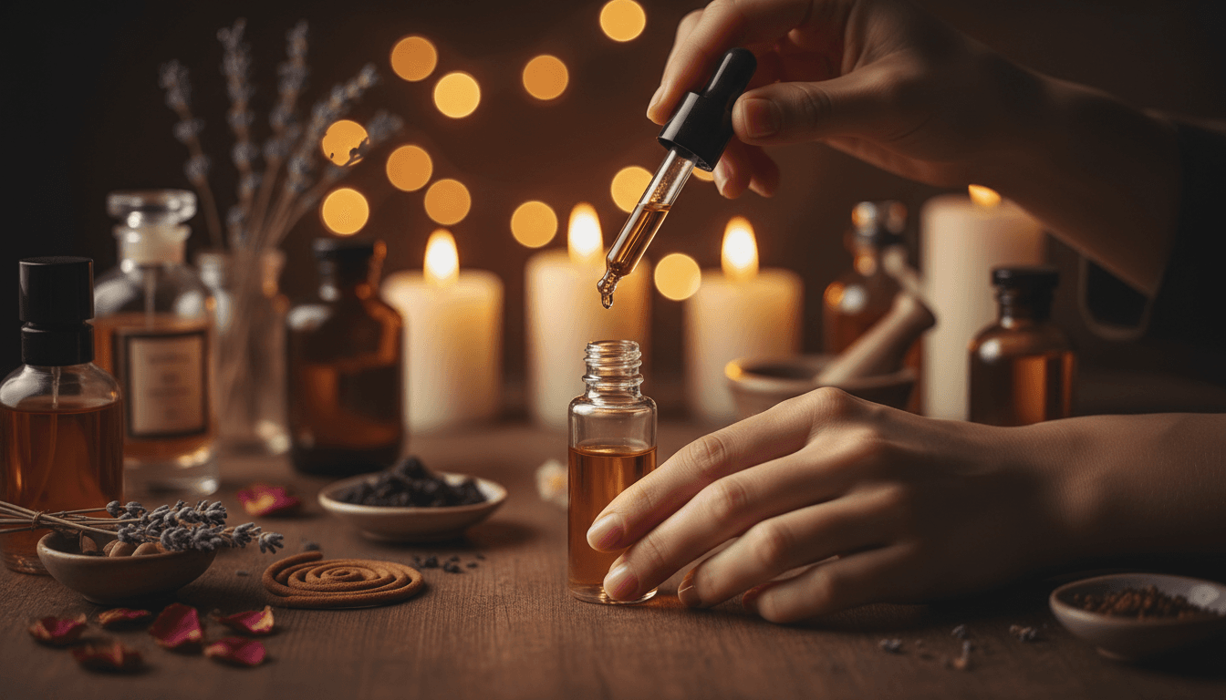Hands blending essential oils into a small glass bottle at a wooden worktable