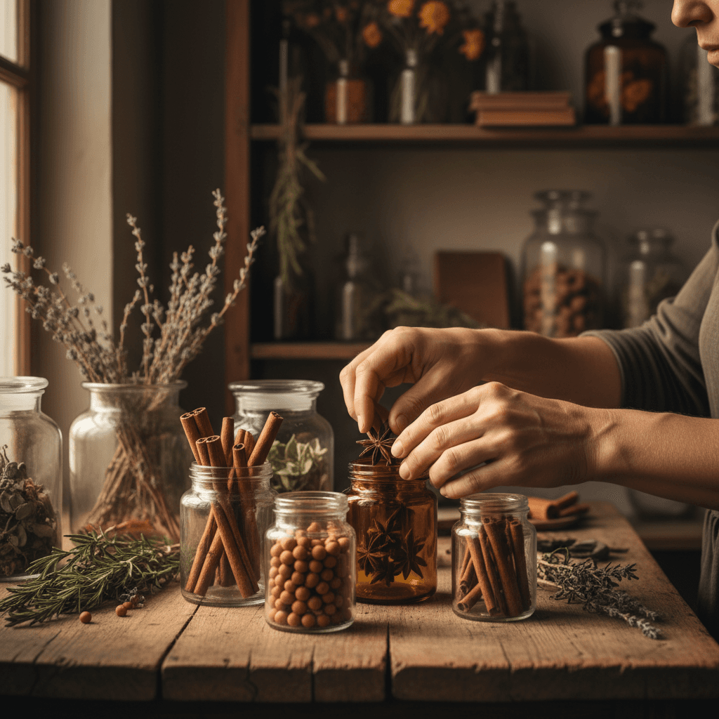 Natural botanical ingredients and essential oil bottles arranged on a clean work surface