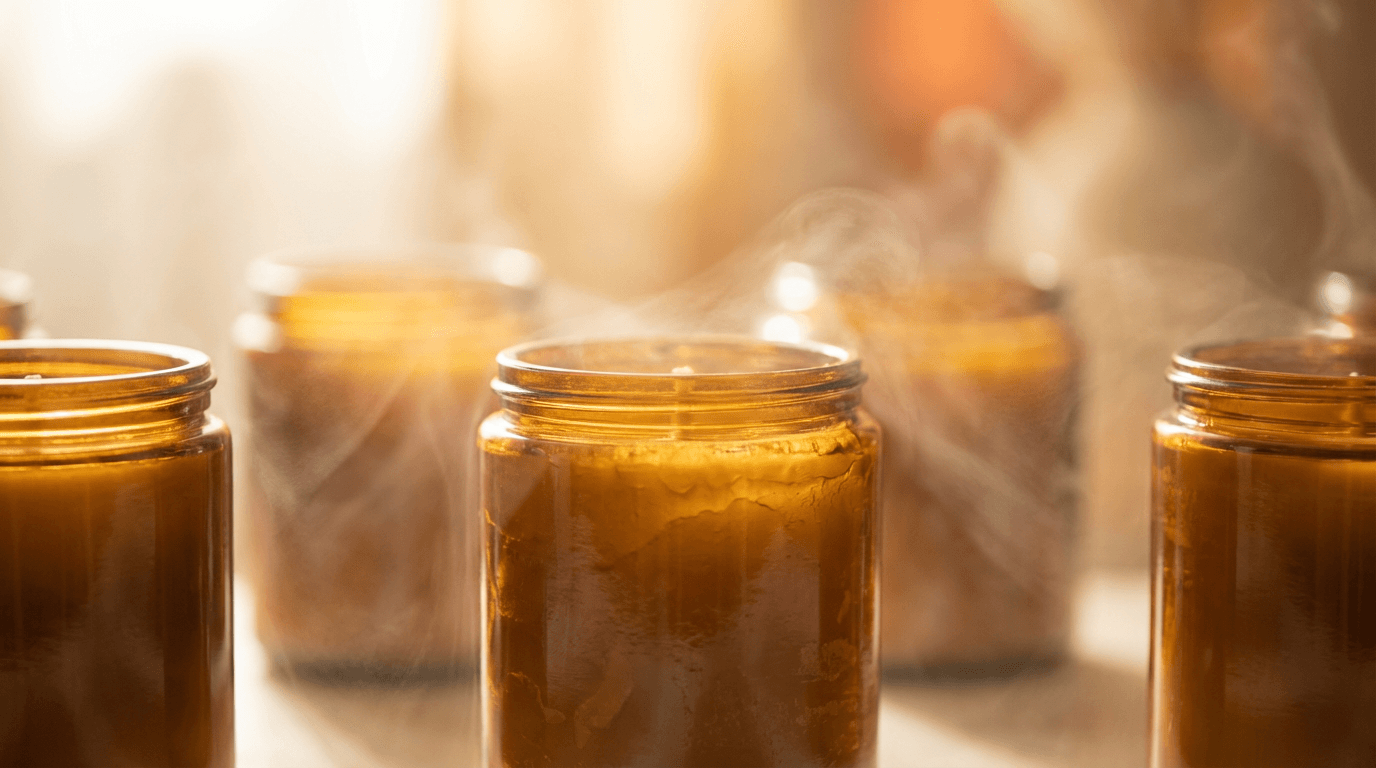 Glass jars of bath salts with dried botanicals beside a folded towel