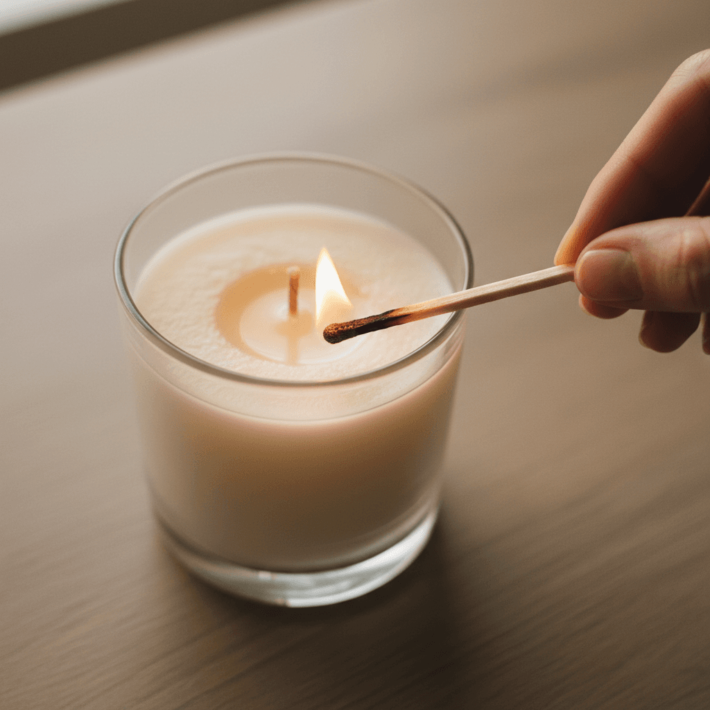 Round balm tins on wooden shelf with candle glowing in background