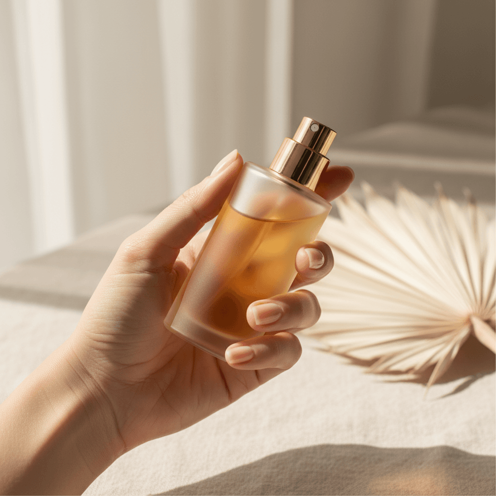 Close-up of amber perfume bottle on linen cloth with dried lavender