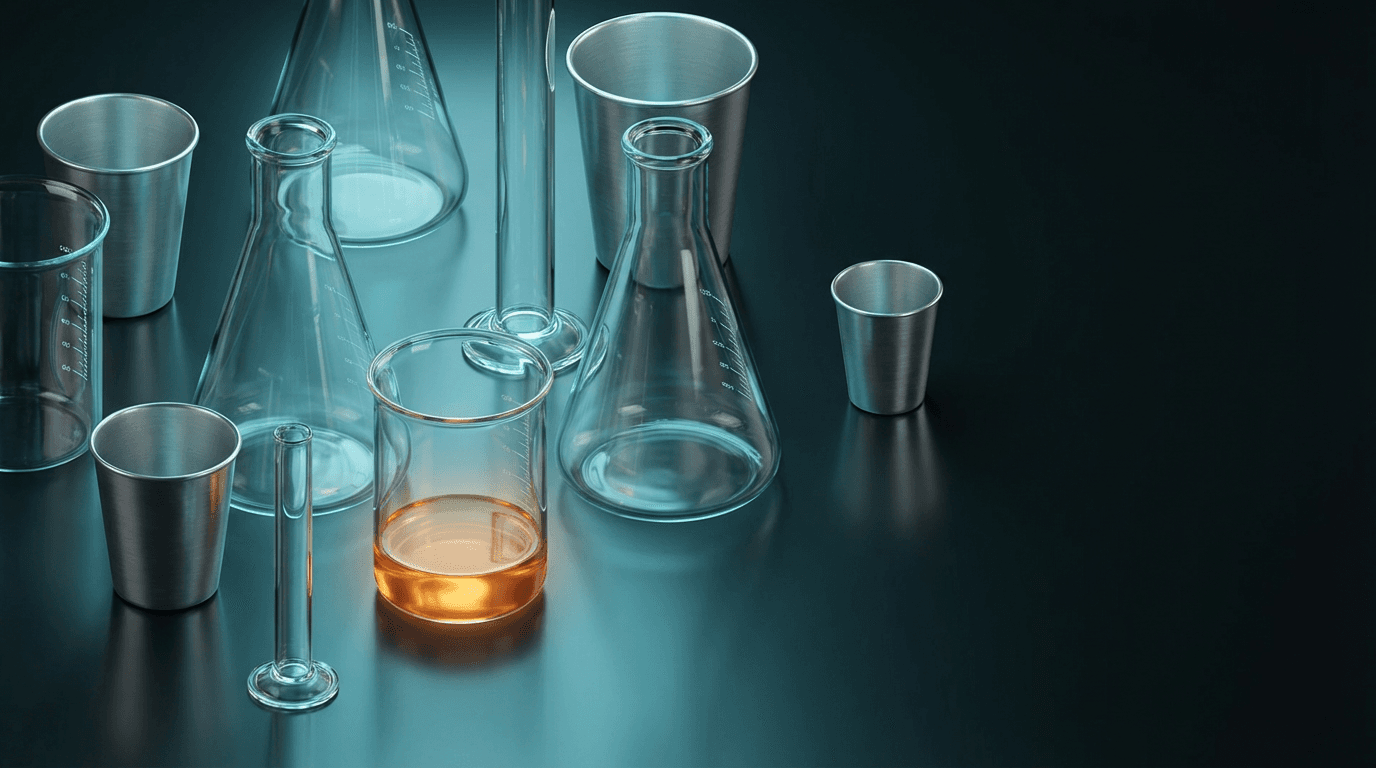 Small glass vials with different colored liquids arranged in a grid