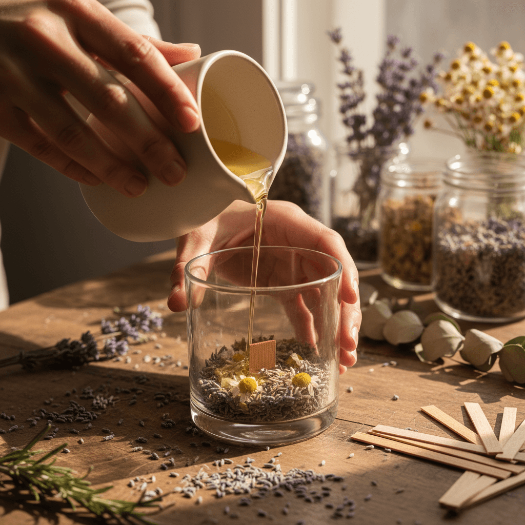 Hands pouring fragrance oil into a glass bottle on a wooden worktable with dried botanicals nearby