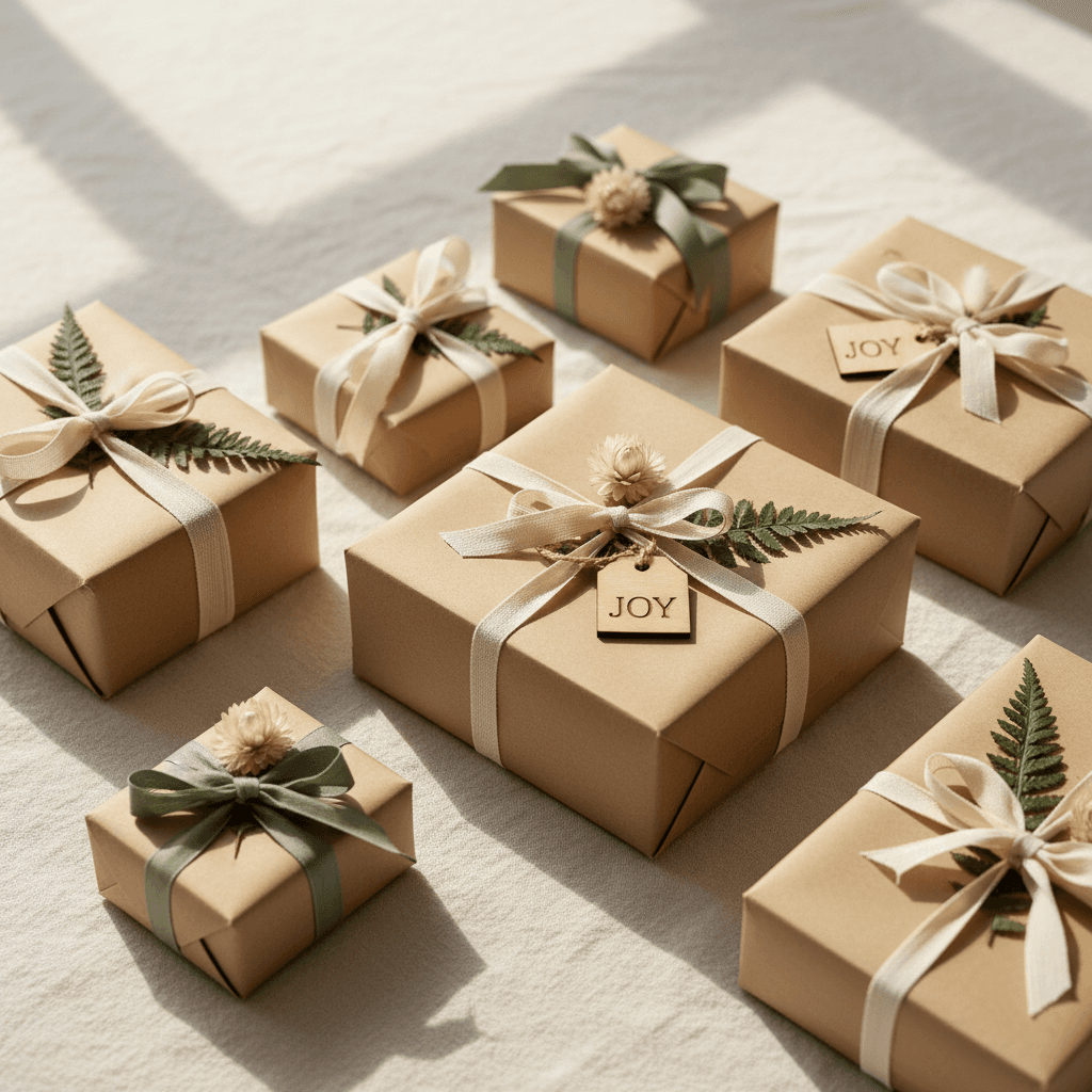 Kraft gift box with tissue paper surrounded by small product jars