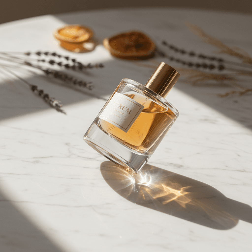 Clear glass perfume bottle with amber liquid resting on white linen