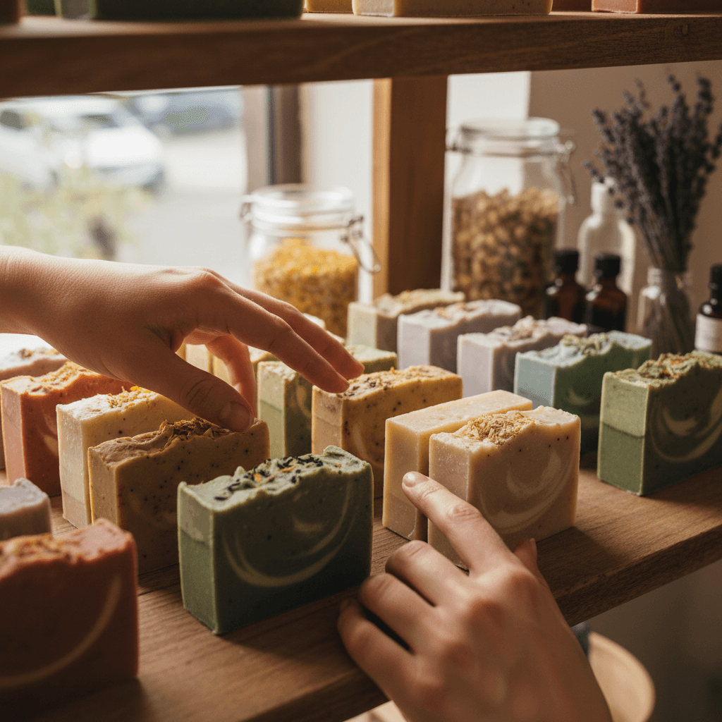 Handcrafted fragrance bottle and soap bars arranged on linen in soft morning light