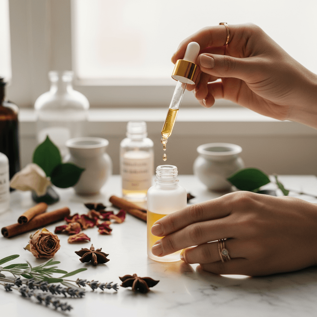 Hands wrapping a small perfume bottle in kraft paper on a wooden workbench