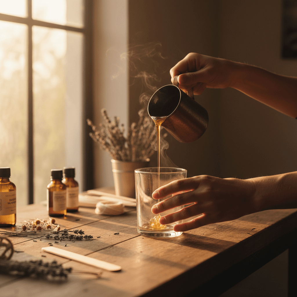 Hands pouring golden fragrance oil into a small glass bottle on a wooden worktable