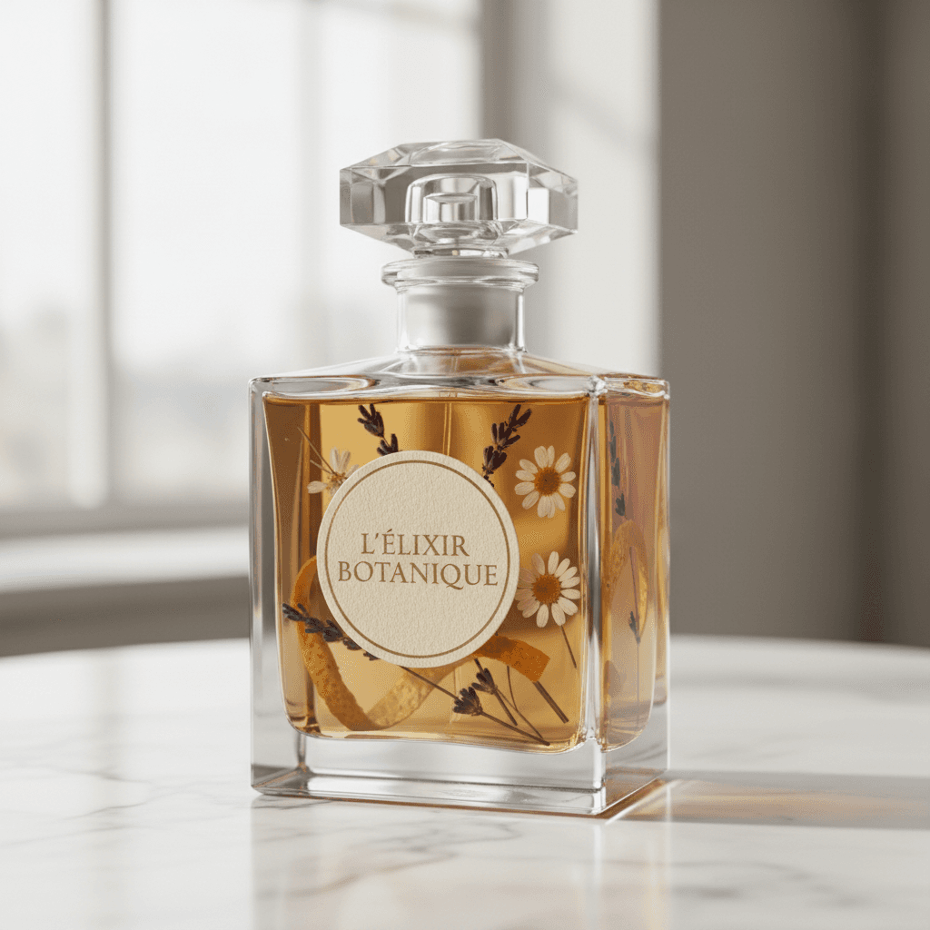 Small glass perfume bottle on linen cloth with dried lavender nearby