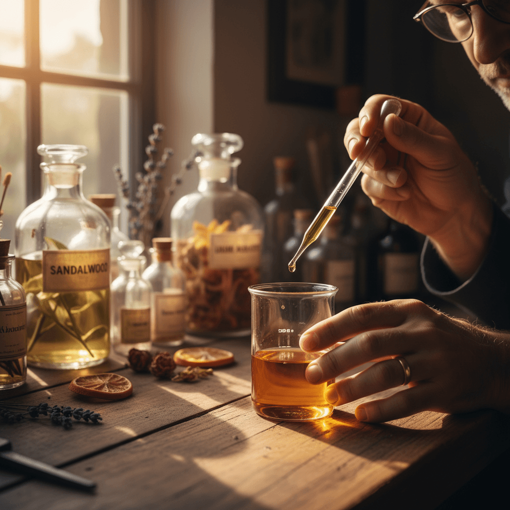 Master perfumer's hands measuring and blending fragrant oils in glass beakers with botanical ingredients displayed in soft natural light