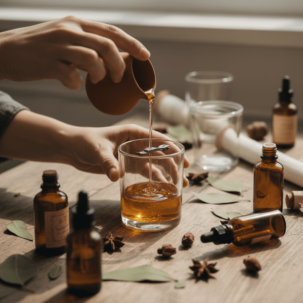 Hands blending essential oils into a small amber glass bottle on a wooden table